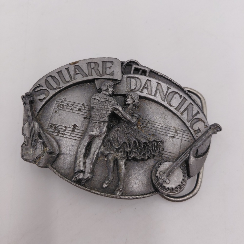 Vintage 80s Siskiyou Square Dancing Pewter Belt Buckle G-30 Fiddle Banjo Music